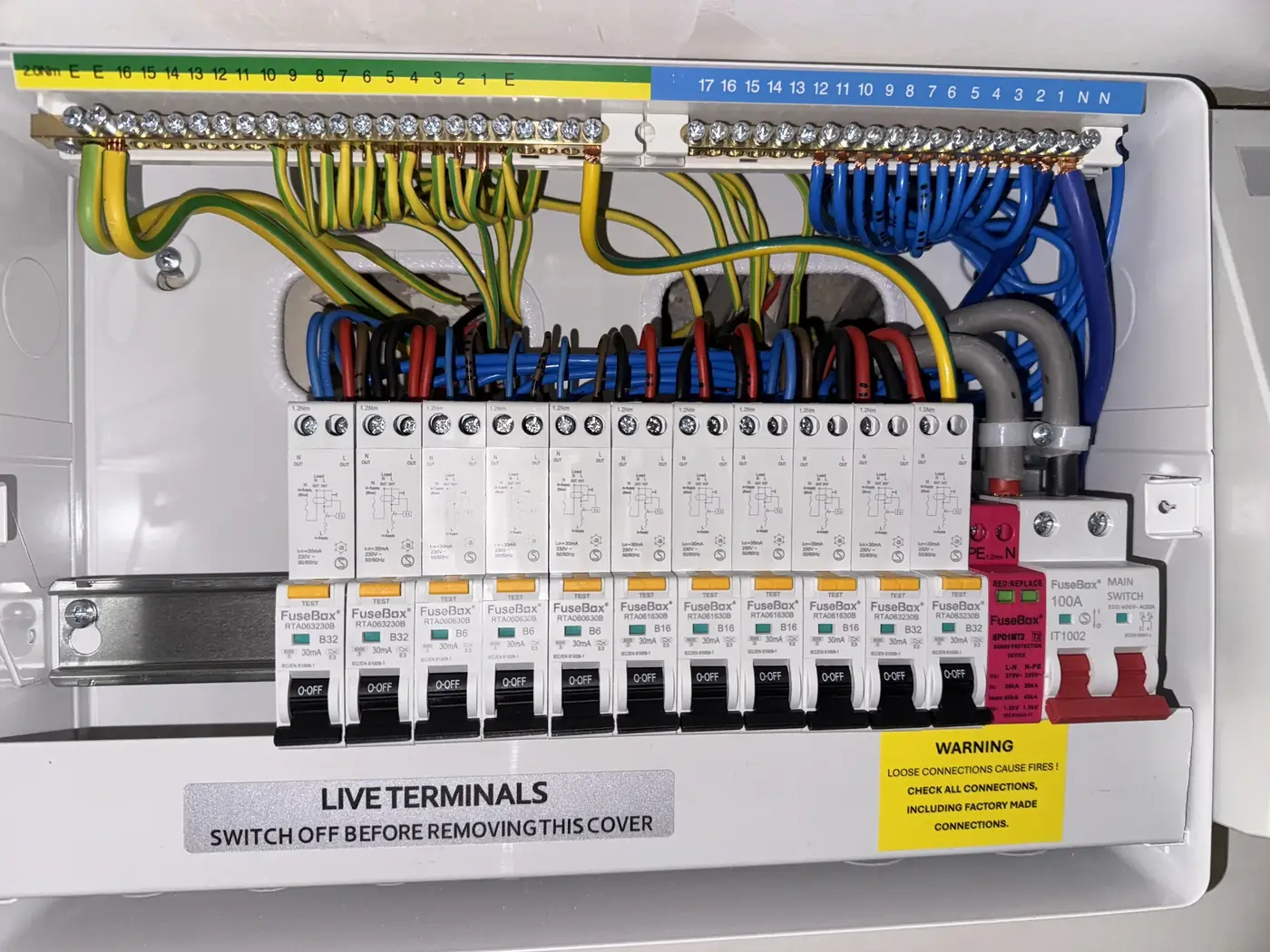 Wide consumer unit with RCBOs, live terminals label and tidy busbar