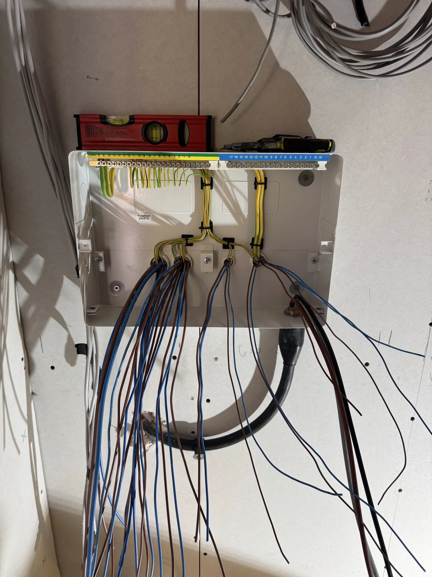 New consumer unit position with first-fix cables entering from below